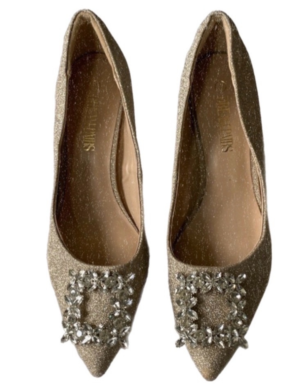 Dream Pairs gold shimmer slip on heels medallion statement pointed toe pumps
